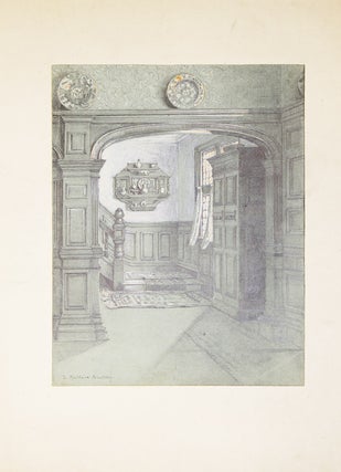 Item #42222 Original drawing of a spacious domestic panelled hallway, stairwell and sunlit...
