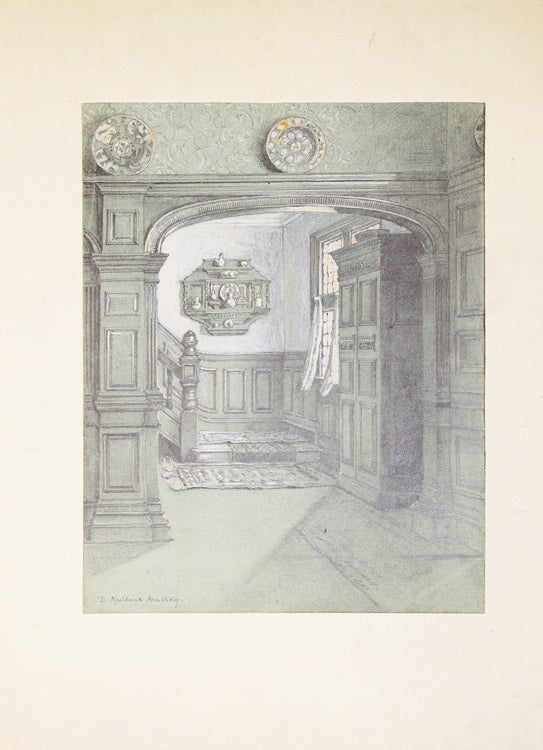 Item #42222 Original drawing of a spacious domestic panelled hallway, stairwell and sunlit window. Maitland Armstrong, avid.