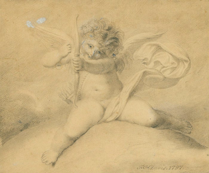 Item #42226 Original drawing of a seated Cupid having just released an arrow. T. C. Davis.