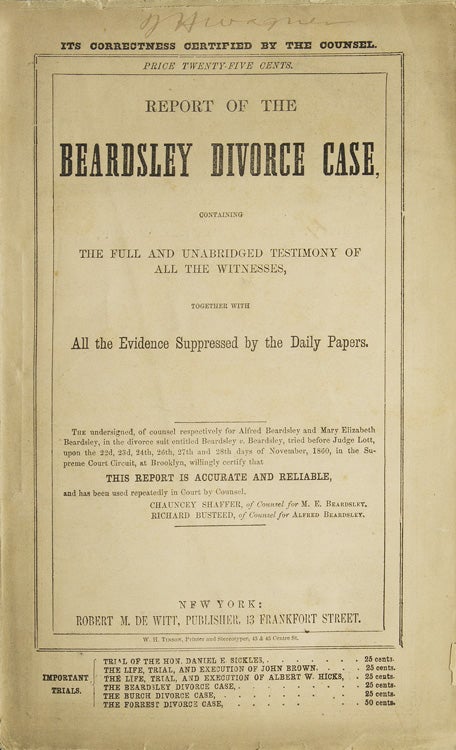 Item #42418 Report of the Beardsley Divorce Case, containing the Full and Unabridged Testimony of All the Witnesses. Beardsley Divorce Case.
