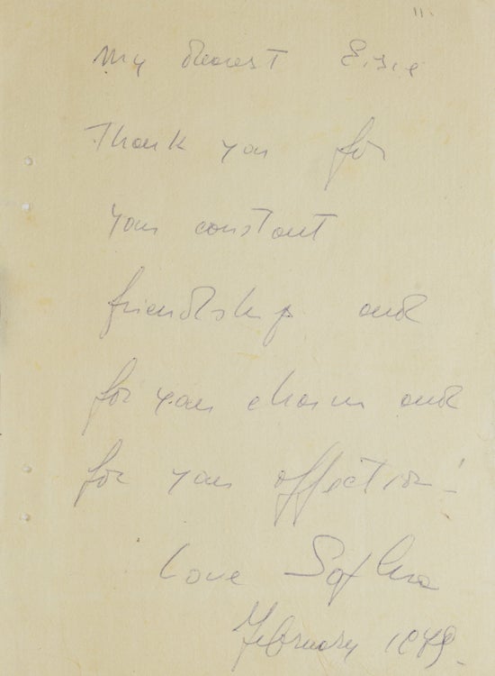 Item #42609 Autograph Note Signed to LIFE photographer ALFRED EISENSTAEDT. "To My Dearest Eisie Thank you for your constant friendship and for your ---and for your affection-Love Sophia February 1988." Sophia Loren.