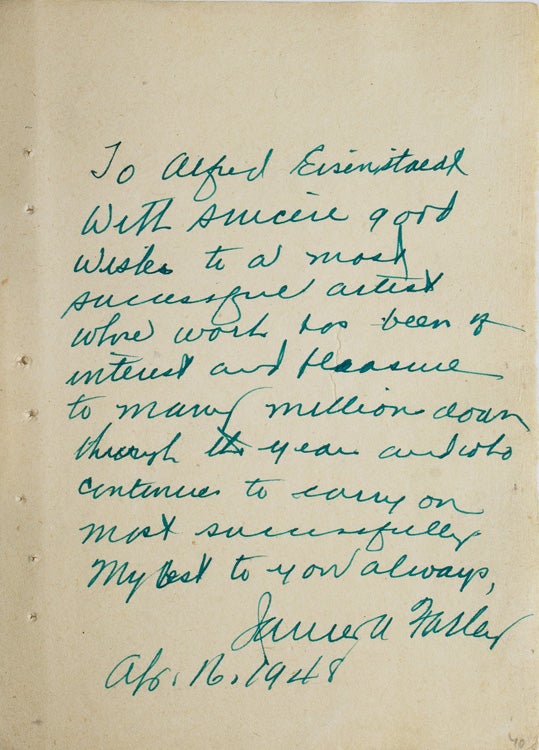 Item #42618 Autograph Note Signed by the actor to LIFE photographer ALFRED EISENSTAEDT, "To Alfred Eisenstaedt, With sincere good Wishes to a most successful artist whose work has been of interest and pleasure to many millions down through the years and who continues to carry on most successfully, James A. Farley." James Farley.
