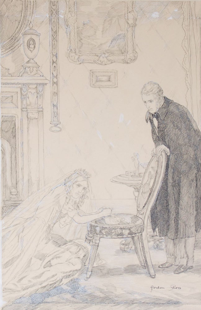 Item #42648 ORIGINAL pen illustration, picturing a woman in a wedding dress kneeling by a chair, observed by a male visitor. Gordon Ross.