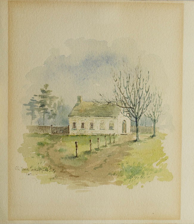 Three Watercolor Paintings, matted and framed as Triptych. including: "Old Brick Seeion House, 1817"; "Old First Church of Morristown, N.J. 1791-1892"; [and] "Original First Presbyterian Church. After Alterations."