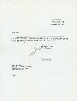 Item #42863 Typed Letter, signed ("Jim"), to Liz Riley of the Thomas Crowell Company, thanking...
