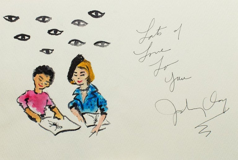 Original watercolor greeting card to Carrie Donovan, signed and inscribed by fashion artist John Clay