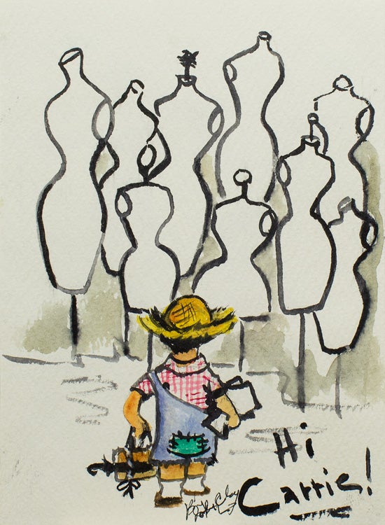 Original watercolor greeting card to Carrie Donovan, signed and inscribed by fashion artist John Clay