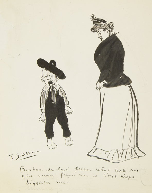 Item #43668 Cartoon drawing of mother and small boy bawling. T. S. Allen.