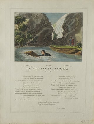 Item #43693 Hand-Colored Engraving above printed Text from "Les Fables" Jean La Fontaine