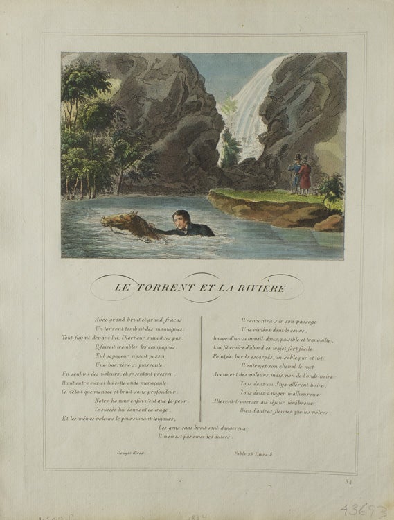 Item #43693 Hand-Colored Engraving above printed Text from "Les Fables" Jean La Fontaine.