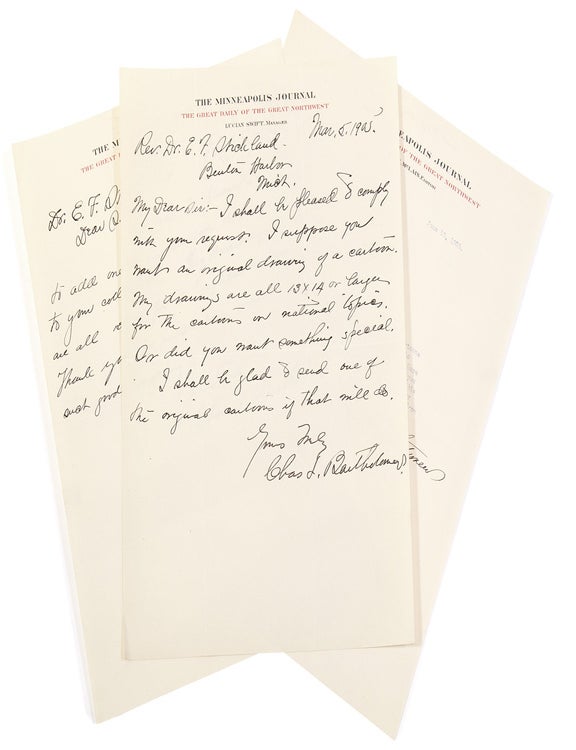 One Cartoon Drawing signed and inscribed, 2 Autograph Letters Signed, and one Typed Letter signed, all to E.F. Strickland