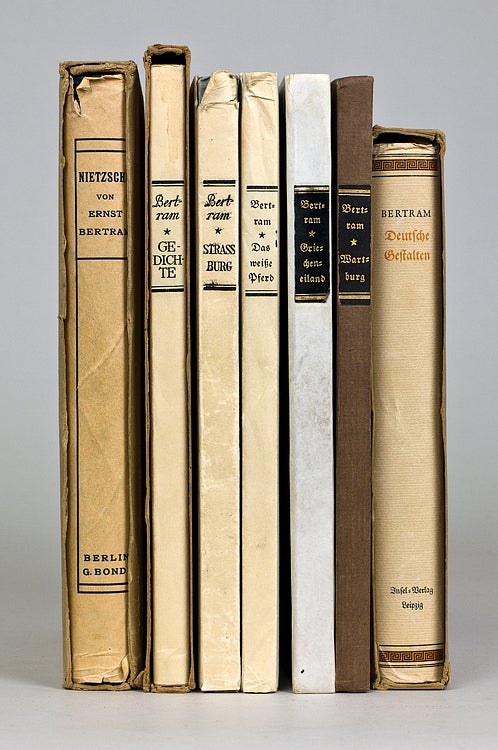 Collection of six books inscribed to the author's brother Hans Georg, including: Deutsche Gestalten. Fest- und Gedenkreden, 1934. The Dedication Copy. [With:] Wartburg. Spruchgedichte, 1933. "Exemplar Nr. 2', additionally inscribed, "Ohne Gefahr keine Rettung". [And] Griecheneiland, 1934. [And] Das weiße Pferd. No. 8 of 120 copies, [1936]. [And] Straßburg. Ein Gedichtkreis, 1928. [And] Nietzsche. Versuch eine Mythologie, 1929