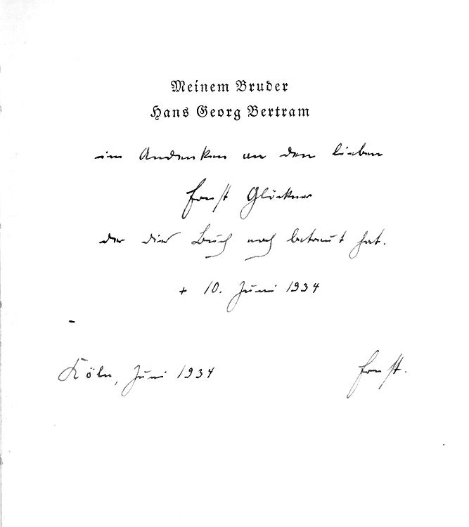 Collection of six books inscribed to the author's brother Hans Georg, including: Deutsche Gestalten. Fest- und Gedenkreden, 1934. The Dedication Copy. [With:] Wartburg. Spruchgedichte, 1933. "Exemplar Nr. 2', additionally inscribed, "Ohne Gefahr keine Rettung". [And] Griecheneiland, 1934. [And] Das weiße Pferd. No. 8 of 120 copies, [1936]. [And] Straßburg. Ein Gedichtkreis, 1928. [And] Nietzsche. Versuch eine Mythologie, 1929