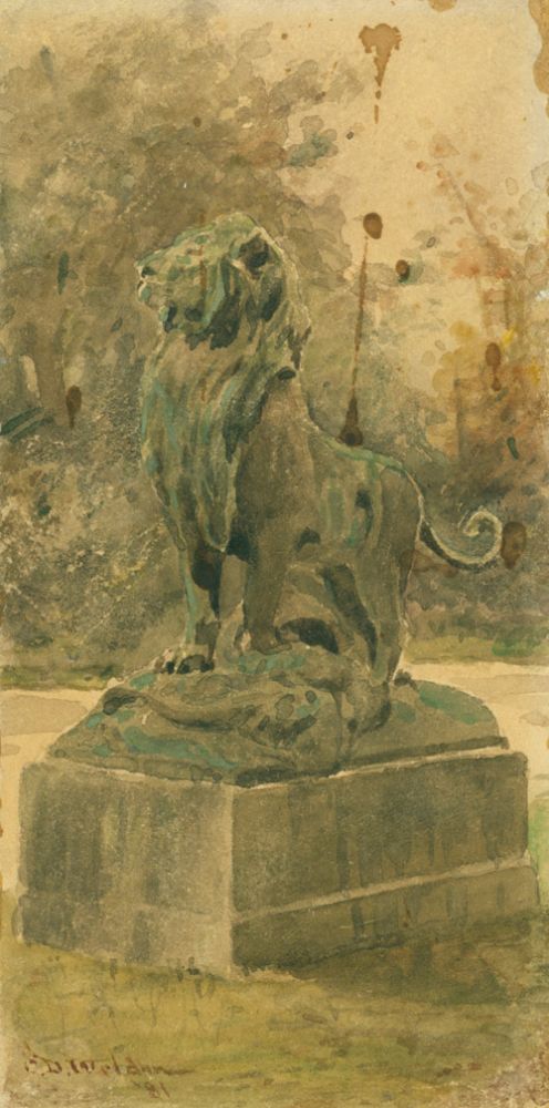 Item #43924 Drawing of a sculpture of a lion on pedestal. Charles Dater Weldon.
