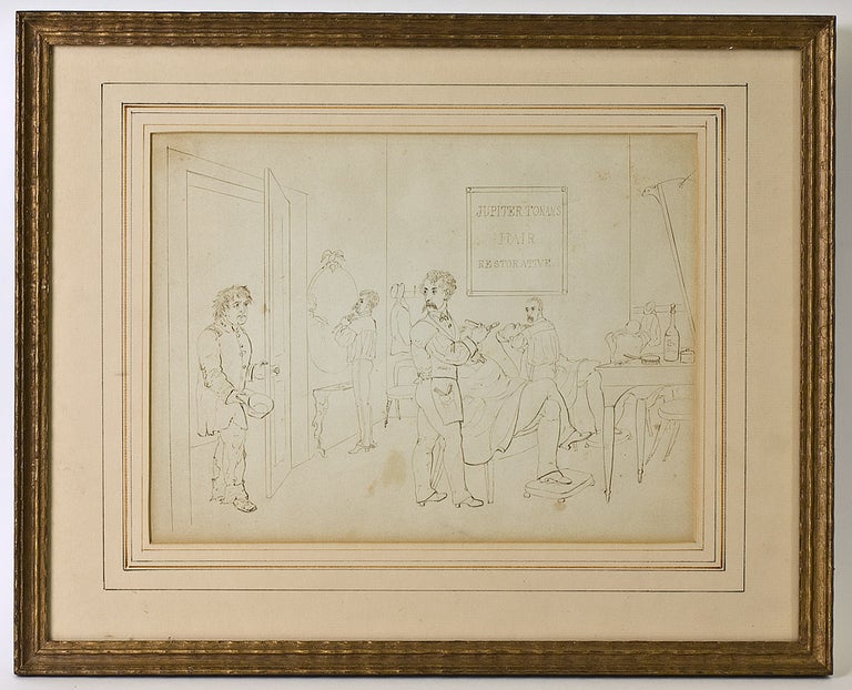 Item #46436 "What no soup?" Original pen and ink drawing of a Civil War soldier walking into a barber shop where two men are getting a lathering for a shave, and a third is tying his cravat in front of a mirror; behind the barbers is a sign that reads "Jupiter Tonans Hair Restorative". Unsigned, but in the style of Darley. F. O. C. Darley.