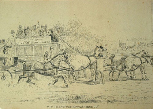 Item #48261 An original pen-and-ink drawing of a four-in-hand coaching scene "Hill to the Downs. 'Done Up!'" Coaching.