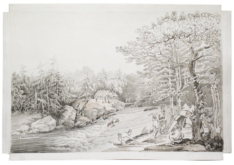 Item #52601 [An original watercolor of a First Nations fishing encampment along a river]. George Heriot, or possibly attributed to in the style of.
