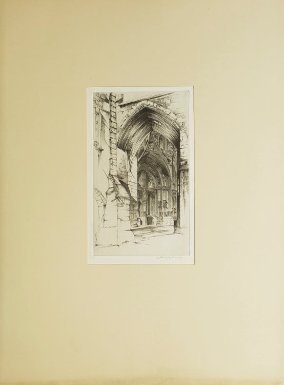 Etching: French Lace West Portal of the Main Façade of the Church of Notre-Dame, on the Place Notre Dame, Villefranche-en-Rouergue, Aveyron, France. With cover leaf of text