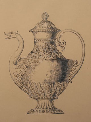 Item #54409 Original pen design for elaborate tea pot with the head of swan as spout. George R....