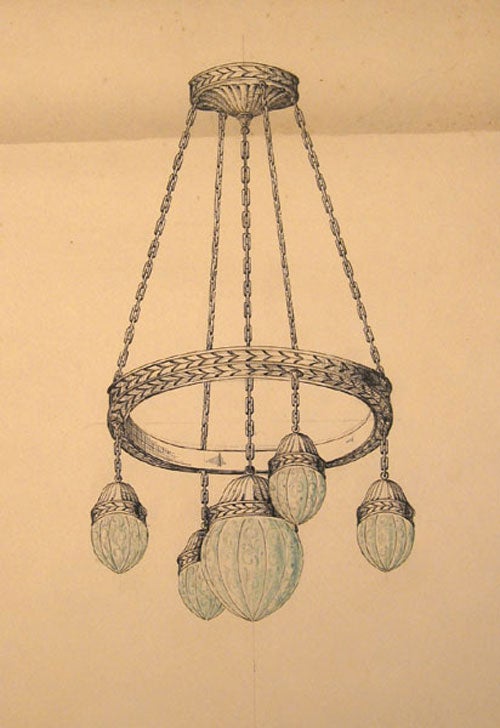 Item #54410 Original pen and blue watercolor design for five light ceiling lighting fixture. George R. Benda.