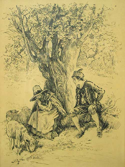 Item #54939 Pen and Ink Drawing depicting a shepherdess and young man in period costume under a tree, with sheep grazing around. Reginald Bathhurst Birch, British.