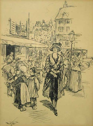 Item #54940 Pen and Ink Drawing depicting a Fashionable Lady standing in Front of a Parisian...