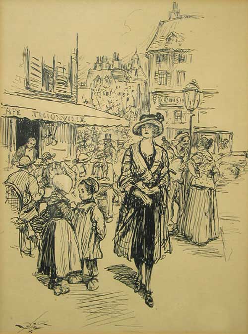 Item #54940 Pen and Ink Drawing depicting a Fashionable Lady standing in Front of a Parisian Café. Reginald Bathurst Birch, British.