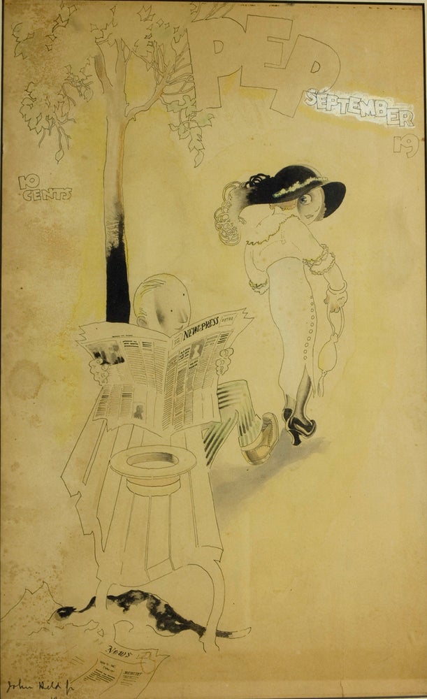 Pen and ink drawing heightened with watercolor of a man reading a newspaper ("New Press") on a park bench with big eyed woman in an over-sized hat peering back at him over her shoulder