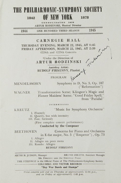 Item #55342 Signature on Philarmonic-Symphony Society of New York Program. Rudolf Firkusny.