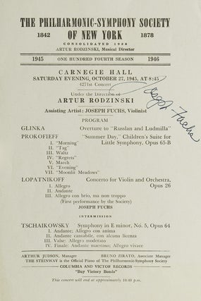 Item #55343 Signature on Philarmonic-Symphony Society of New York Program. Joseph Fuchs