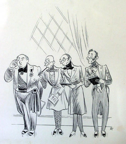 Item #55450 Pen and ink illustration of four Functionaries listening. Fritz Eichenberg.
