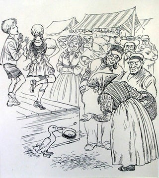 Item #55451 Pen and ink illustration of a duck holding a hat as an old woman tosses coins into it...