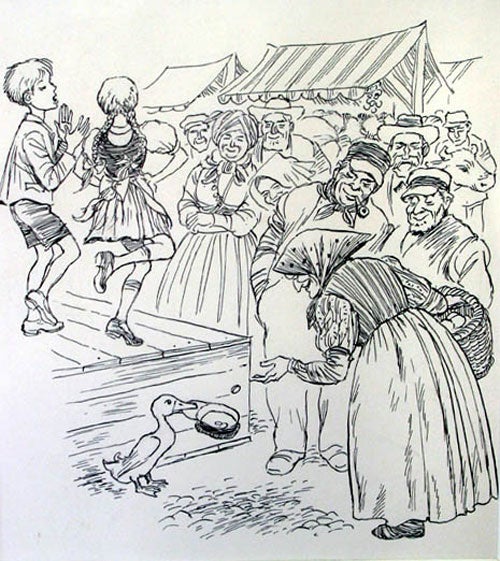 Item #55451 Pen and ink illustration of a duck holding a hat as an old woman tosses coins into it while children perform on stage. Fritz Eichenberg.