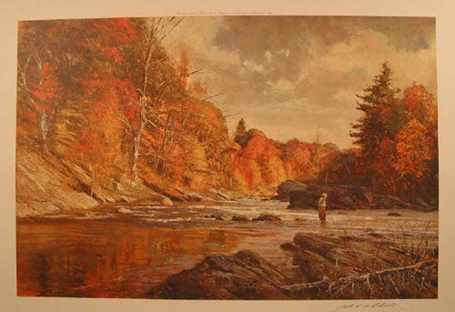 Item #57416 Fishing Print: “Fall Fishing,” depicting a fisherman in a river in the midst of fall foliage. Robert Abbett.