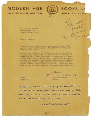 Item #59054 Autograph Note signed ("Dashiell Hammett ") at the foot of a TLS from David...