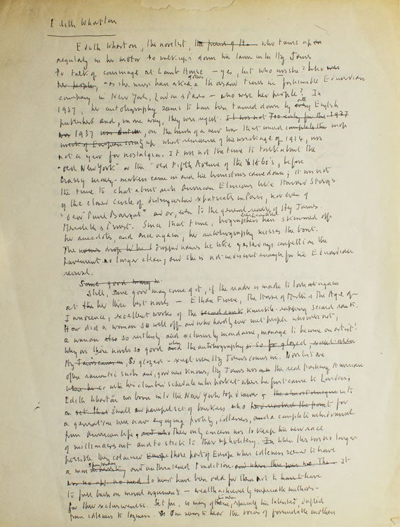Item #59956 Autograph Manuscript of his review of Edith Wharton's autobiography (A Backward Glance), entitled "A Fiend for Destiny" Edith Wharton, Pritchett, ictor, lawdon.