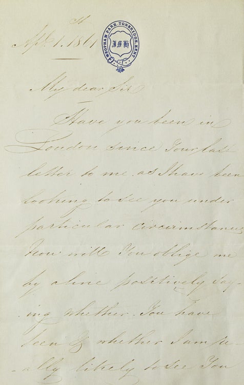 Item #7493 Autograph letter signed (“J. F. Herring”), 2 pp. 8vo, to Mr. W. B. Brooks asking to see him, with an engraved frontispiece portrait removed from a book; tape top edge, minor stains on verso. John Frederick Herring, senior.