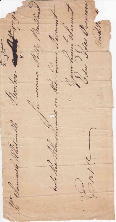 Item #308540 Autograph Manuscript Order, Signed “Edwd Edes Overseer” to Samuel Whitwell requesting that he “receive Polly Ballard into the Almshouse on the Towns Account.”. Boston Almshouse, Edward Edes.